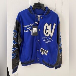 Avenue George V Paris Varsity Black jacket Leather Sleeve blue Patchwork 2XL NWT